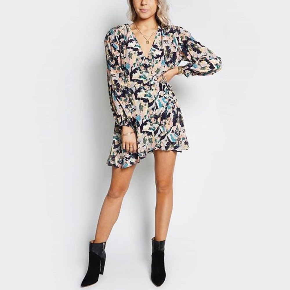 IRO Bloomy Multicolor Satin Ruffle Hemline Wrap Mini Dress 36 Long Sleeve V-Neck